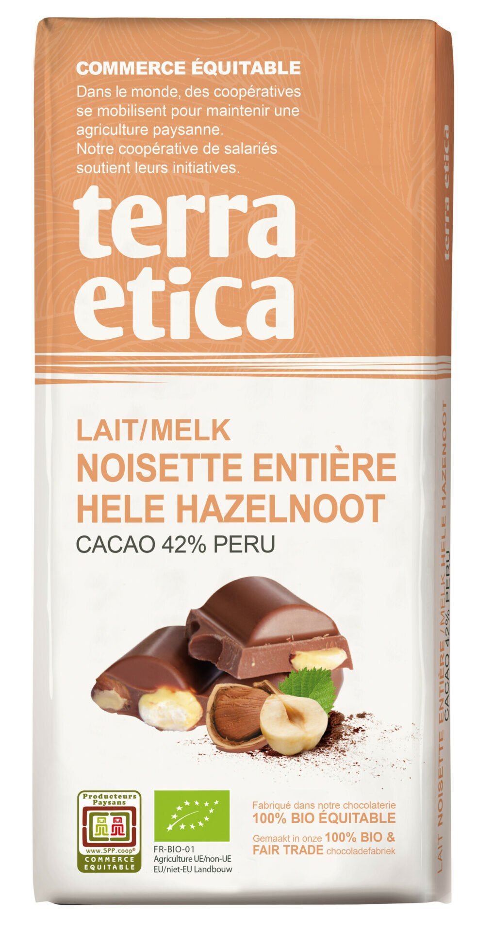 CHOCOLAT AU LAIT NOISETTE ENTIÈRE CACAO 42% PÉROU • Terra Etica Benelux